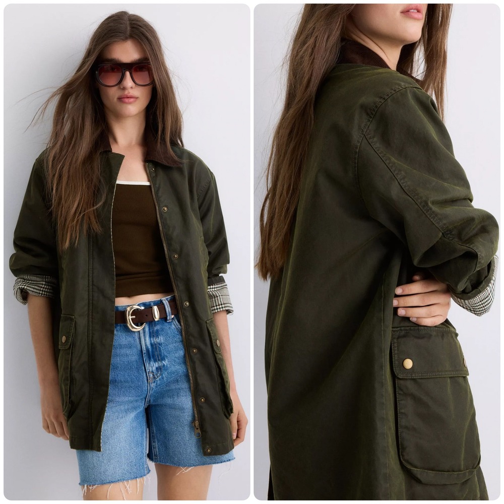 Stradivarius Womens Waxed Effect Heritage Parka Barn Chore Jacket XS Green NWT